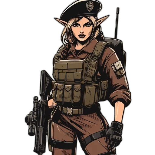 weapon, comic book art, concept art, cartoon, pixel art, earth tones, female, character transparent PNG cut-out