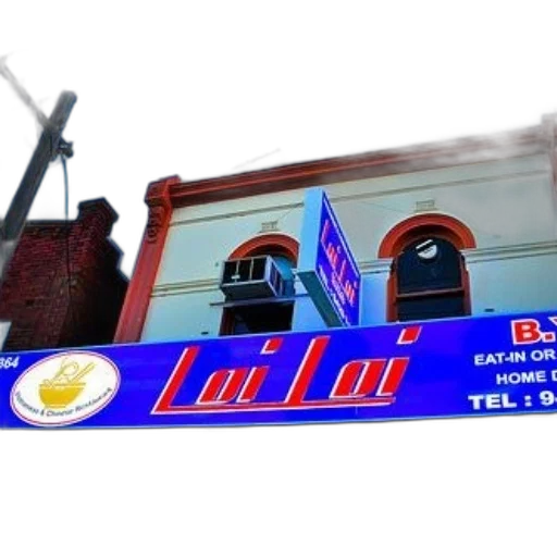 staff, building, food, 3d render, photorealistic, neon lights, vibrant, sign transparent PNG cut-out