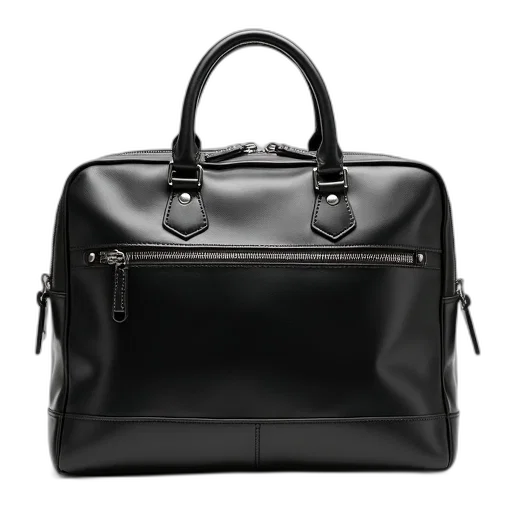 black, leather, briefcase, shiny, finish, silver, buckles, displayed transparent PNG cut-out