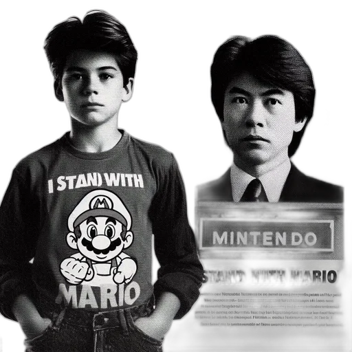 photorealistic, two, photographs, side-by-side, young, boy, wears, mario-printed transparent PNG cut-out