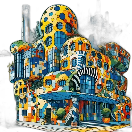 building, concept art, 3d render, fantasy art, pixel art, whimsical, multi-stored, vibrant transparent PNG cut-out