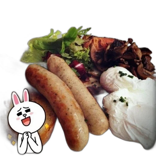 food, plate, sausages, eggs, salad, bread, cartoon, rabbit transparent PNG cut-out