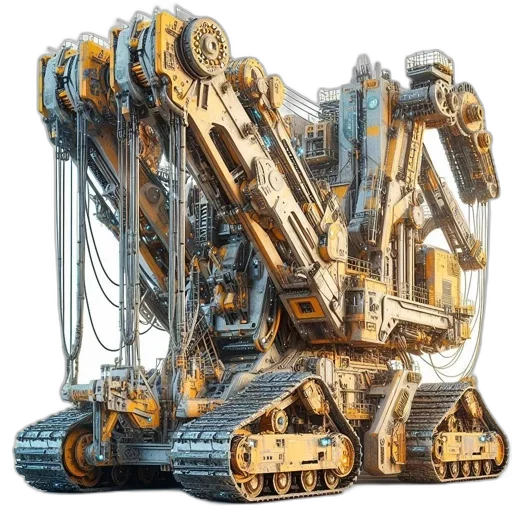 robot, weapon, 3d render, concept art, cyberpunk, yellow, gray, tracked transparent PNG cut-out