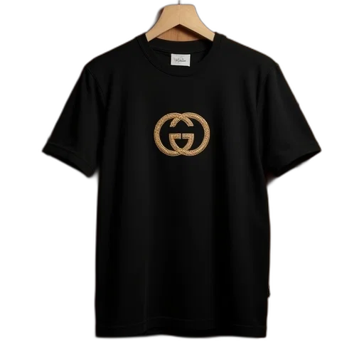 black, shirt, gucci, logo, front, wooden, wall transparent PNG cut-out