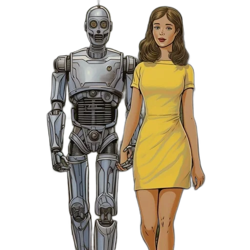 robot, dress, concept art, comic book art, pixel art, cartoon, woman, walk transparent PNG cut-out