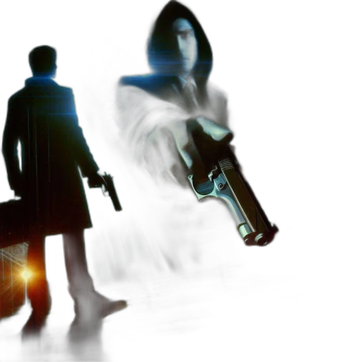 concept art, comic book art, 3d render, two, figures, one, gun, other transparent PNG cut-out
