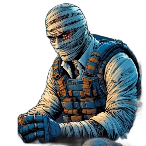 mask, comic book art, concept art, pixel art, cyberpunk, soldier, wears, white transparent PNG cut-out