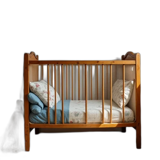 furniture, 3d render, earth tones, wooden, crib, mesh, fabric, placed transparent PNG cut-out