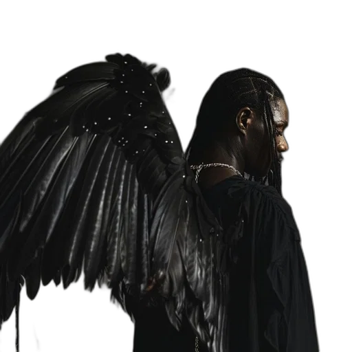 jacket, person, dark, feathered, wing, attached, their, back transparent PNG cut-out