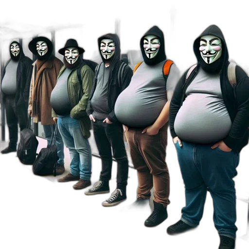 mask, robot, concept art, cyberpunk, anonymous-masked, individuals, stand, together transparent PNG cut-out
