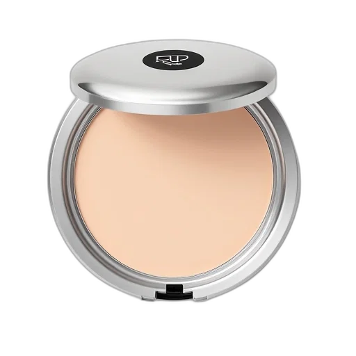 compact, powder, silver, lid, displayed, against, white, background transparent PNG cut-out