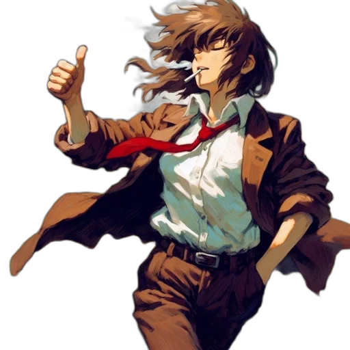 jacket, staff, weapon, pixel art, concept art, anime, comic book art, earth tones transparent PNG cut-out