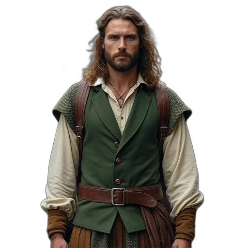 jacket, sword, staff, fantasy art, concept art, photorealistic, earth tones, green transparent PNG cut-out