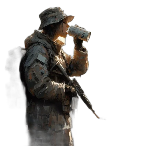 weapon, jacket, staff, face, concept art, photorealistic, watercolor, pixel art transparent PNG cut-out