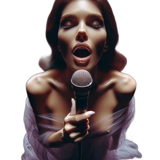 face, jewelry, photorealistic, 3d render, woman, sings, into, mic transparent PNG cut-out