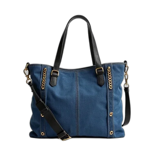 blue, denim, handbag, gold, chain, details, black, shoulder transparent PNG cut-out