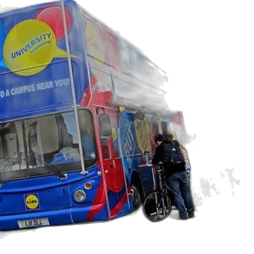 blue, double-decker, bus, university, written, parked, street, surrounded transparent PNG cut-out