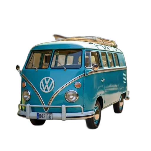 car, 3d render, photorealistic, concept art, vintage, blue, volkswagen, van transparent PNG cut-out