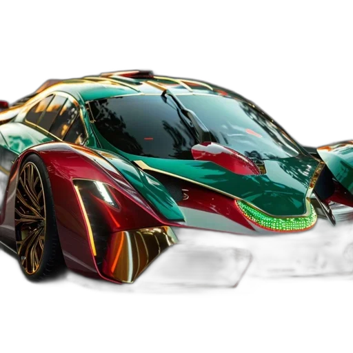 car, 3d render, concept art, photorealistic, futuristic, red, green, gold transparent PNG cut-out