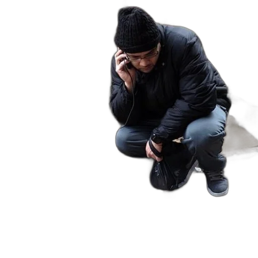 jacket, hat, face, mask, man, black, beanie, squatting transparent PNG cut-out