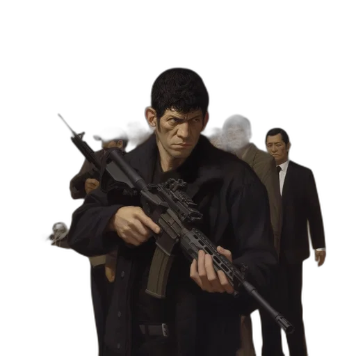 weapon, staff, jacket, concept art, comic book art, pixel art, photorealistic, city street transparent PNG cut-out
