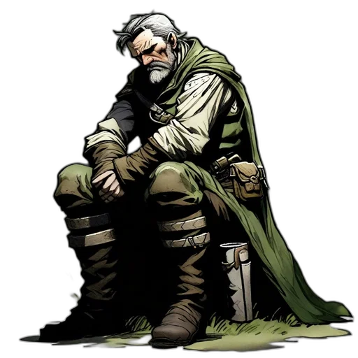 comic book art, concept art, fantasy art, green, earth tones, elderly, contemplative, figure transparent PNG cut-out