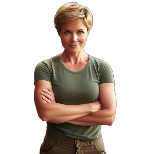 staff, photorealistic, concept art, pixel art, earth tones, woman, stands, confidently transparent PNG cut-out