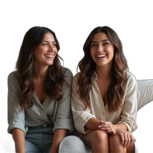 hair, earth tones, two, women, sitting, couch, laughing transparent PNG cut-out