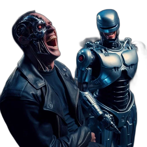 robot, concept art, comic book art, cyberpunk, two, robots, flank, man transparent PNG cut-out