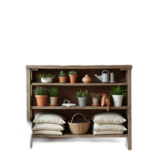 furniture, earth tones, rustic, wooden, shelf, variety, potted, plants transparent PNG cut-out