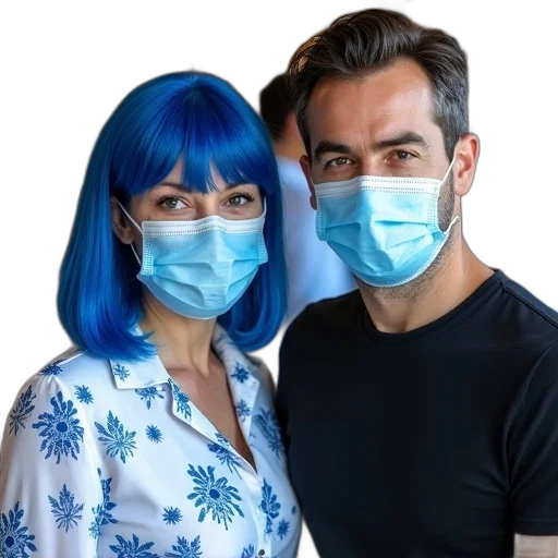 mask, blue, woman, wig, man, posing, photo, wearing transparent PNG cut-out
