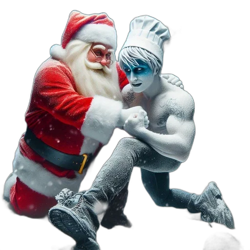 concept art, santa, claus, kneels, beside, blue-skinned, chef-like, figure transparent PNG cut-out
