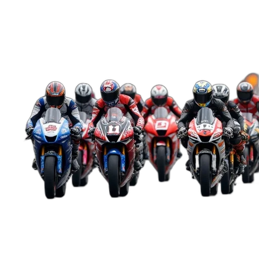 group, professional, motorcycle, racers, competing, track, wearing, colorful transparent PNG cut-out