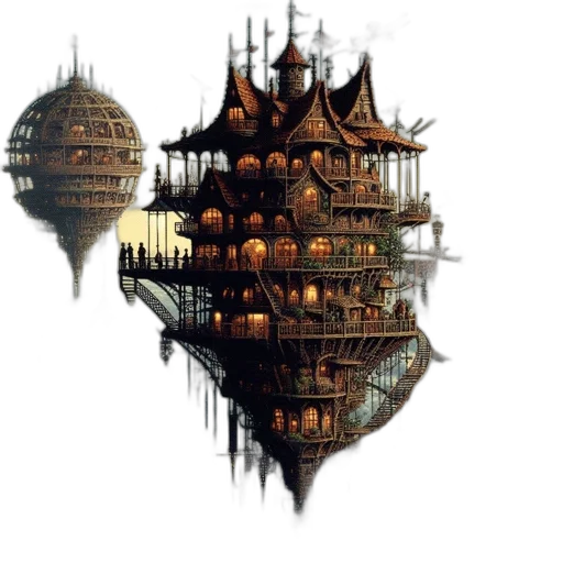 building, fantasy art, concept art, pixel art, 3d render, floating, islands, victorian transparent PNG cut-out