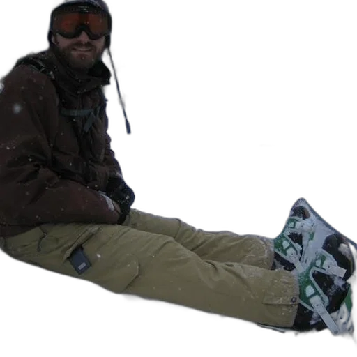 jacket, staff, snow, man, brown, sits, his, snowboard transparent PNG cut-out