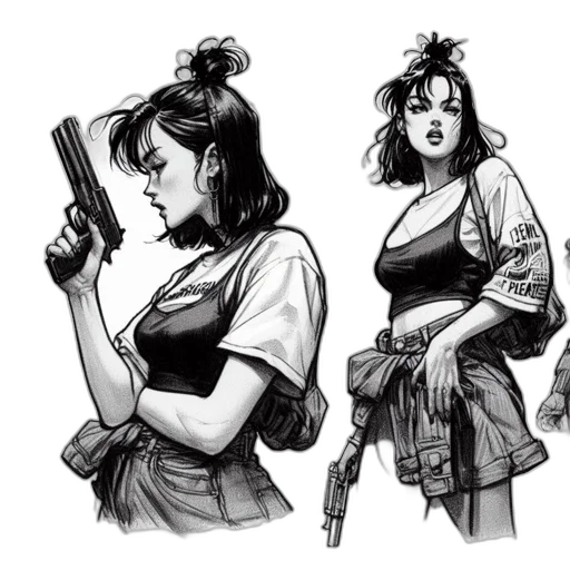 weapon, concept art, comic book art, cyberpunk, pencil sketch, monochrome, dark, two transparent PNG cut-out