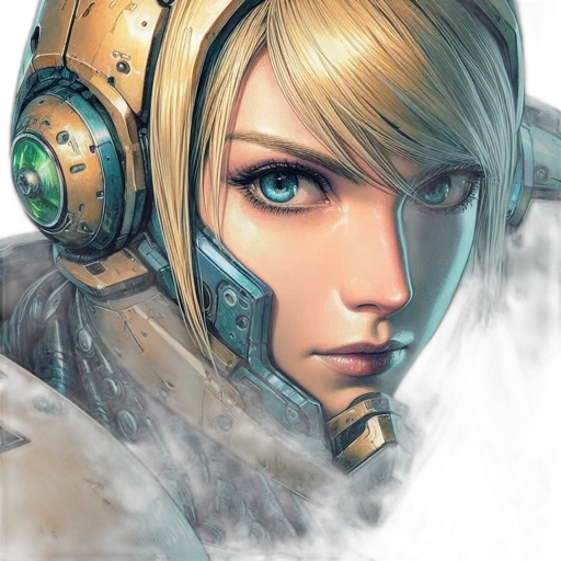 robot, face, weapon, comic book art, concept art, fantasy art, cyberpunk, golden transparent PNG cut-out