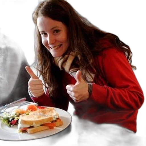 food, jacket, photorealistic, woman, red, gives, two, thumbs transparent PNG cut-out