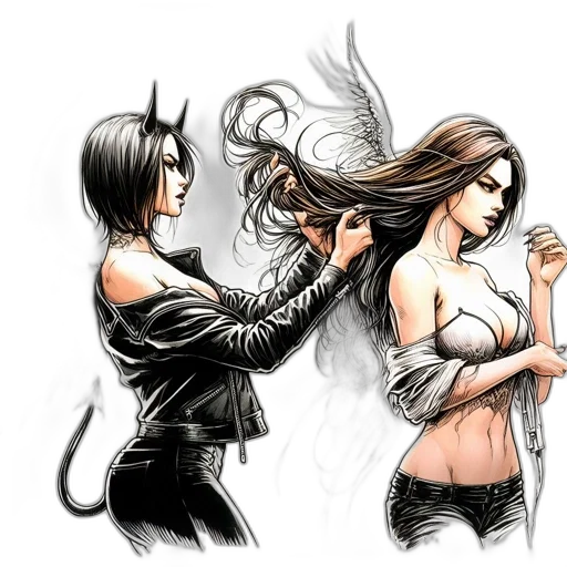 comic book art, concept art, fantasy art, cartoon, fire, two, contrasting, women transparent PNG cut-out