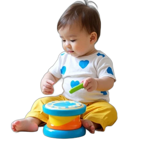 food, photorealistic, toddler, sitting, floor, playing, colorful, toy transparent PNG cut-out