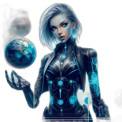 robot, fantasy art, concept art, cyberpunk, comic book art, outer space, blue, dark transparent PNG cut-out