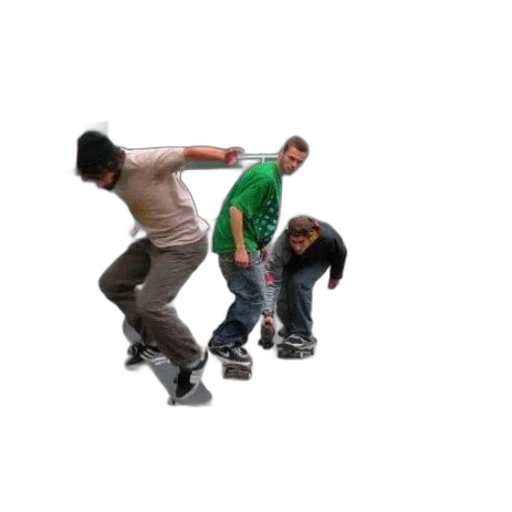 shoes, staff, 3d render, group, skateboarders, gathered, around, concrete transparent PNG cut-out