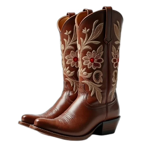 shoes, pair, brown, cowboy, boots, intricate, floral, patterns transparent PNG cut-out