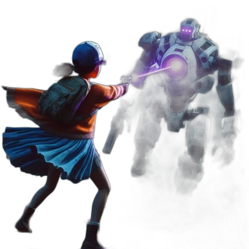 robot, dress, weapon, concept art, fantasy art, 3d render, comic book art, underwater transparent PNG cut-out