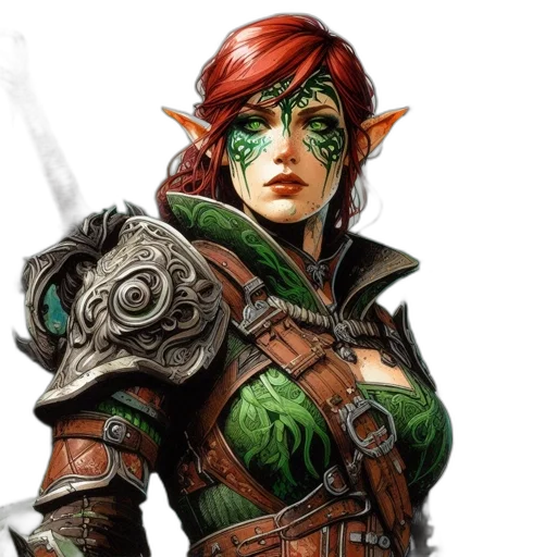 fantasy art, concept art, comic book art, photorealistic, green, armored, elf, woman transparent PNG cut-out