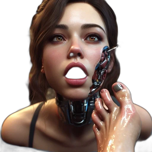 face, robot, weapon, concept art, photorealistic, cyberpunk, 3d render, woman transparent PNG cut-out