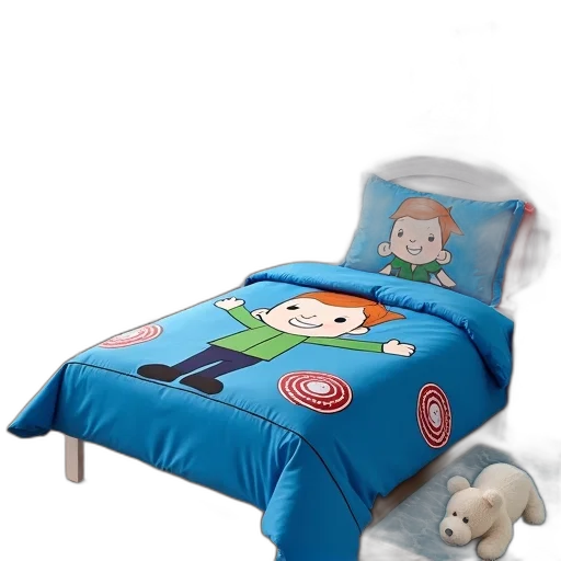 furniture, 3d render, photorealistic, concept art, child, bedroom, blue, bedspread transparent PNG cut-out