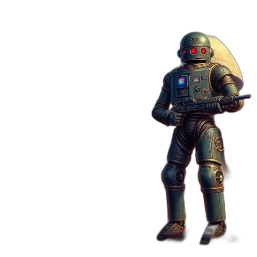 robot, jacket, weapon, staff, concept art, pixel art, 3d render, fantasy art transparent PNG cut-out