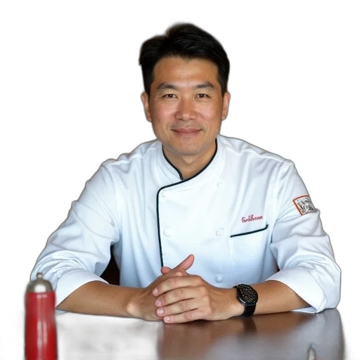 staff, food, photorealistic, man, white, chef, uniform, sitting transparent PNG cut-out