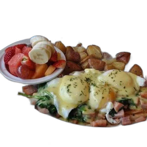food, photorealistic, 3d render, breakfast, plate, eggs, benedict, potatoes transparent PNG cut-out